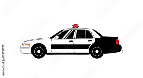 Cartoon rendition of a police patrol vehicle featuring classic black and white paint design aesthetic drawing car on an isolated background