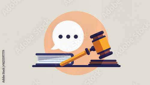 Gavel and law books with speech bubble in modern illustration
