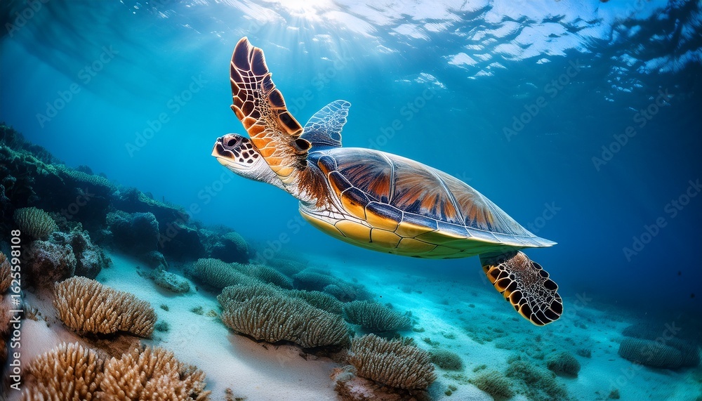 Fototapeta premium swimming sea turtle in clear ocean water underwater scene