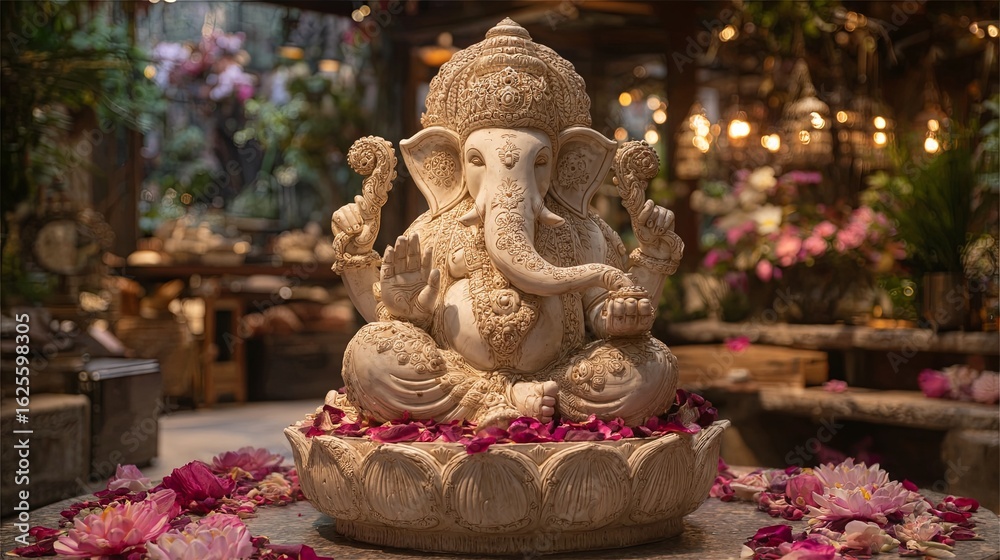 Fototapeta premium Serene Ganesha Statue Surrounded by Petals in Tranquil Setting