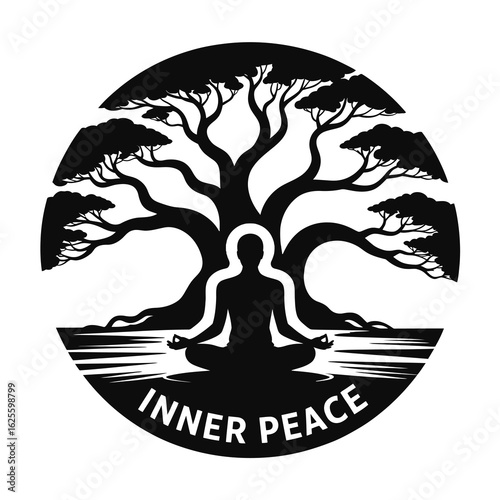 Silhouette of person meditating under a tree of life inner peace isolated on white background
