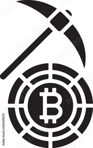 Bitcoin Mining Conceptual Illustration Depicting Digital Currency Extraction with Pickaxe and Crypto Coin Symbolizing Technological Advancement and Financial Opportunities