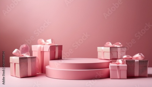 pink product podium with gift boxes