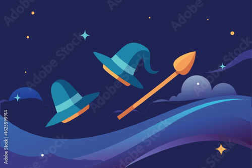 floating broomsticks  witch hats  and glowing trai (1).eps