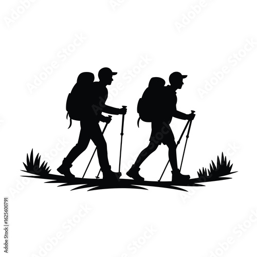 Two hikers with backpacks and poles silhouette isolated on white background