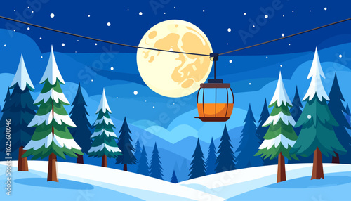 Winter Night Ski Lift Scene with Full Moon