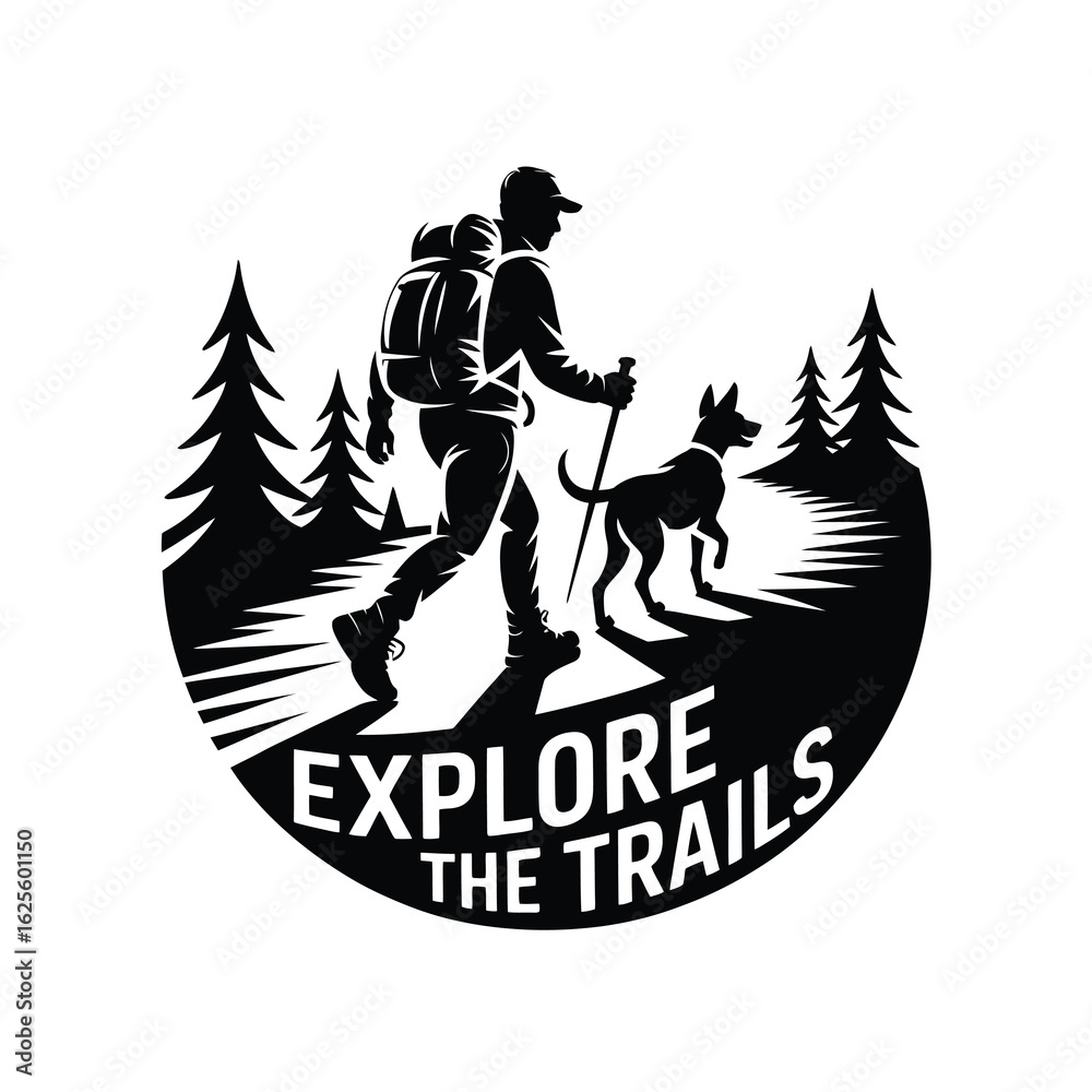 Fototapeta premium Hiker with dog exploring forest trails silhouette isolated on white background