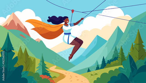 Zipline Adventure: Woman Soaring Through Mountain Landscape