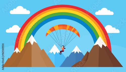 Paragliding Adventure Under a Rainbow - Flat Illustration