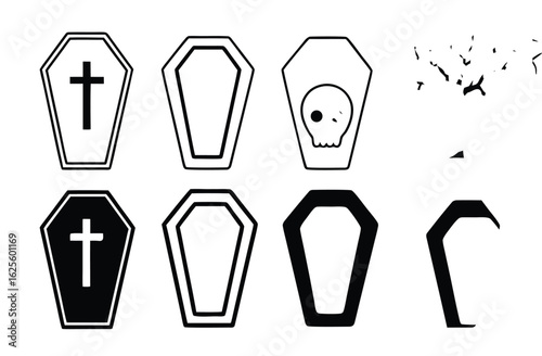 Black and white vector coffin icons with cross and skull designs casket death