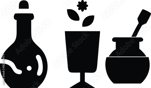 Black icons of three Halloween potion bottles and magical herbs vector
