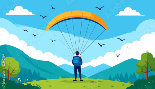 Paragliding Adventure: Cartoon Illustration of Freedom