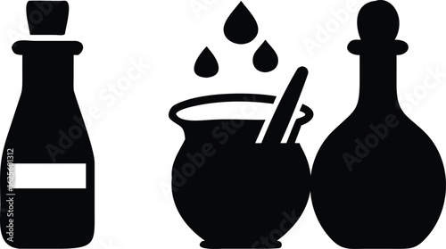 Black silhouette icons of halloween potion bottles and cauldron with herbs magic