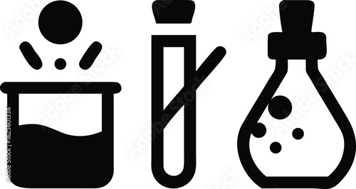 Black icons of bubbling potion bottle test tube and flask beaker