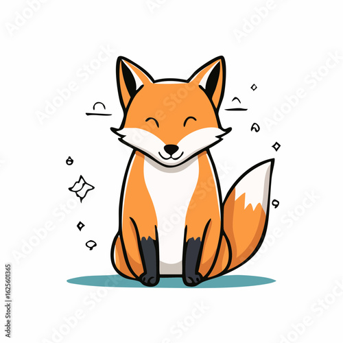 Charming Cartoon Fox Illustration with Closed Eyes and Smiling Expression on a White Background