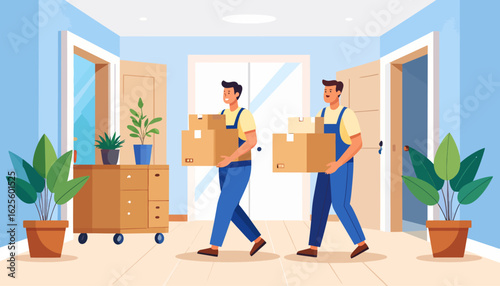 Moving Day: Movers Carrying Boxes into a New Home