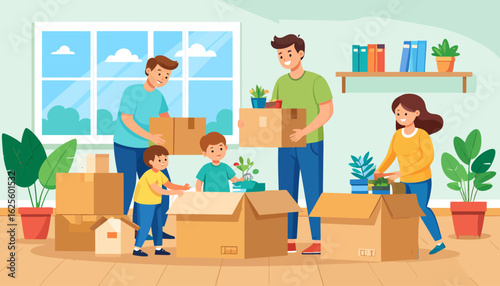 Family Moving into New Home - Vector Illustration