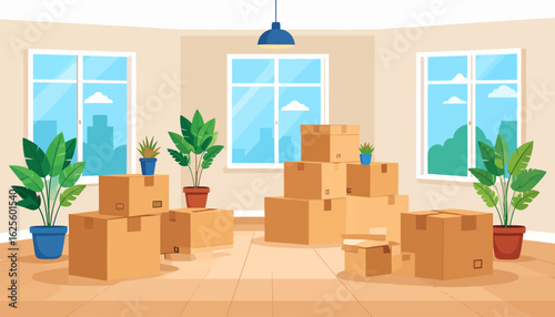 Moving Day: Empty Room with Packed Boxes and Potted Plants