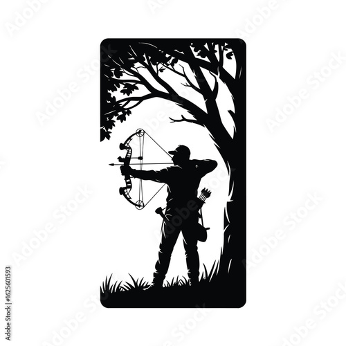 Archer aiming bow and arrow in forest silhouette isolated on white background