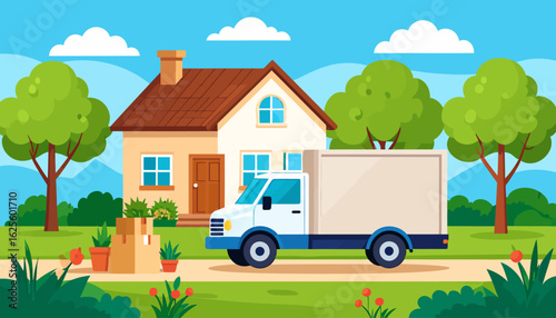 Moving Day: Home Relocation with Truck & Boxes