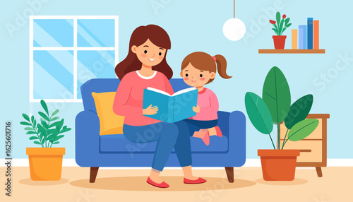 Mother and Daughter Reading Together, Cozy Home Illustration