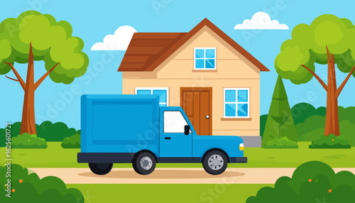 Moving Day Illustration: House, Truck, and Trees