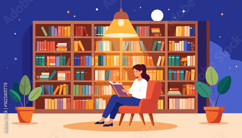 Serene Reading Nook: Bookshelf, Chair, and Cozy Light