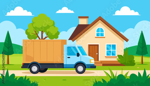 Moving Day: Truck and House Cartoon Illustration