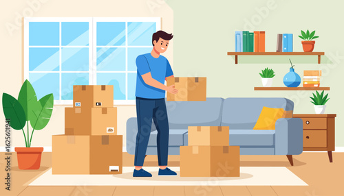 Moving Day: Man Packing Boxes in Living Room