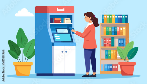 Woman Using a Self-Service Kiosk in a Bright Office Setting