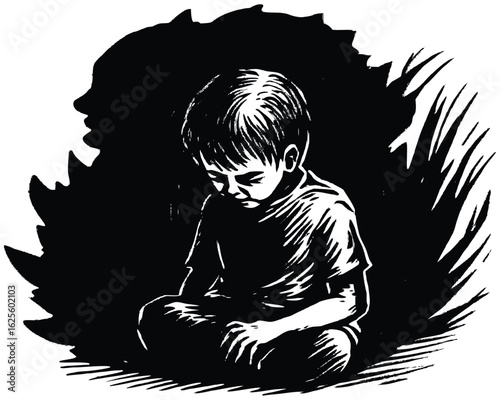 Worried boy facing dark fears, alone in shadows, evokes childhood anxiety