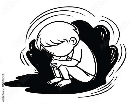 Lonely little boy hugging his knees, feeling sad and overwhelmed by emotions