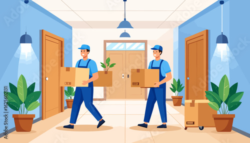 Moving Day: Professional Movers Carrying Boxes in Hallway