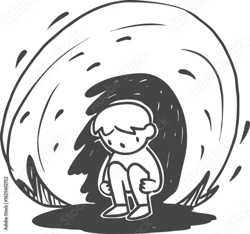 Lonely child curled up in protective shell feeling sad and overwhelmed today