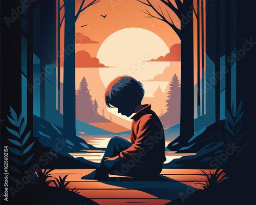 Boy sitting alone by forest lake at sunset reflecting peaceful solitude scene
