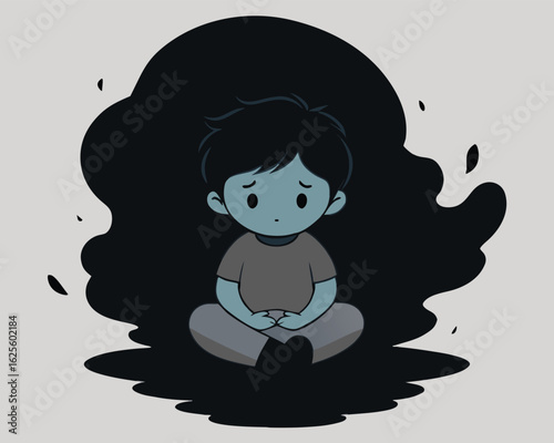 Cartoon boy feeling down while sitting amidst dark shadows of depression