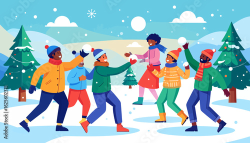 Winter Fun: Friends Playing Snowball Fight Illustration