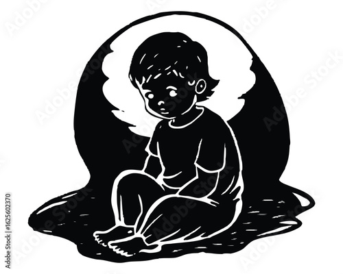 Heartbreaking monochrome drawing of a sad child sitting alone in the darkness