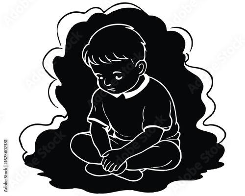 Lonely child feeling sad and withdrawn in expressive black and white illustration
