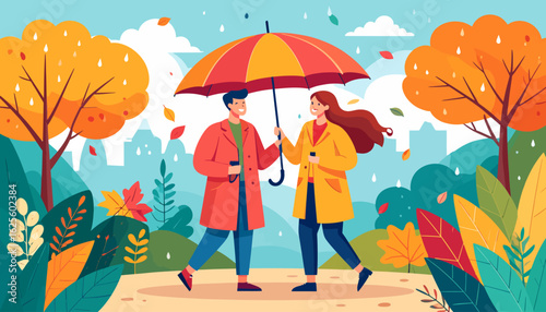 Autumn Stroll: Couple Under Umbrella in Rainy City Park Illustration