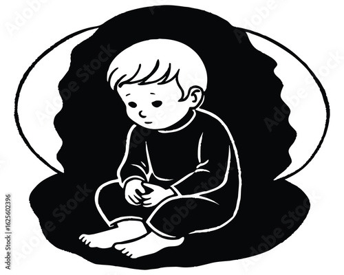 Lonely toddler sitting alone in a dark space feeling sad and introspective