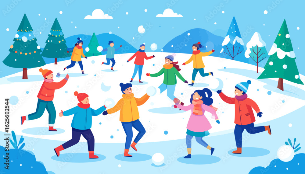 Fototapeta premium Winter Snowball Fight: Joyful Kids Playing in Snowy Landscape