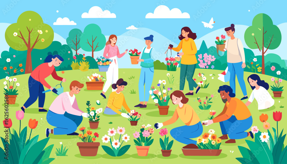 Obraz premium Community Garden: Planting Flowers Together in Spring