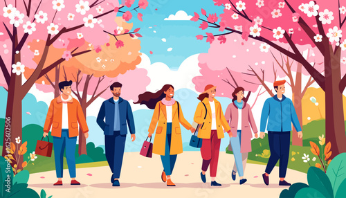 Spring Stroll: Group Walking Under Blooming Cherry Trees