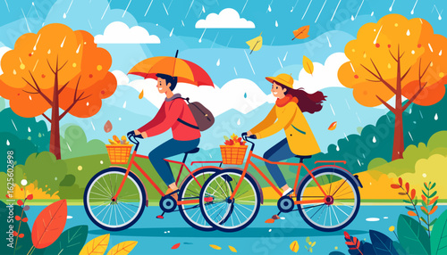Biking in the Rain: Autumnal Bicycle Ride Illustration