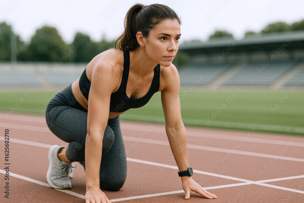 Obraz premium Determined Female Athlete in Starting Position on Running Track Ready for Sprint, High-Energy Fitness