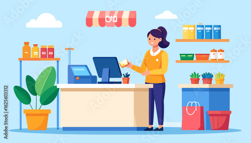 Woman at Checkout Counter: Retail Illustration