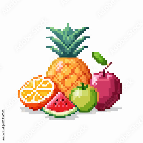 Pixelated fruit arrangement showcasing pineapple, apple, orange, and watermelon designs