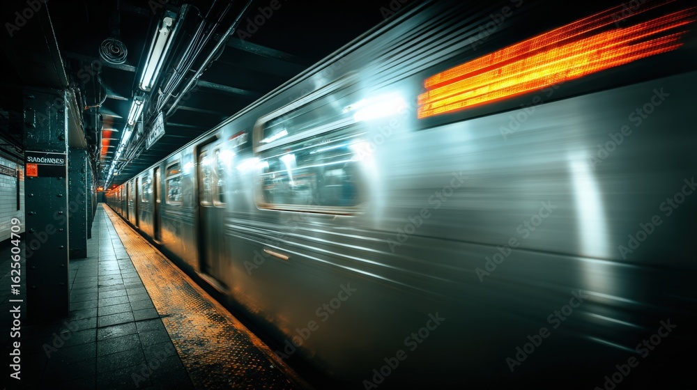 Fototapeta premium Subway Train Speeding Through Station in an Urban Transit System, Motion Blur and Platform