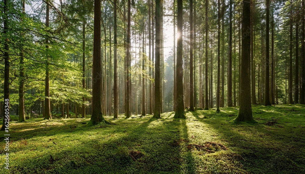 Fototapeta premium sunlight streams through tall pine trees in a misty forest illuminating a peaceful woodland path
